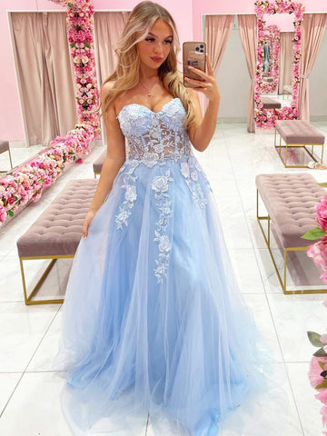 Strapless Sweetheart Neck Lace Appliques BLue Long Prom Dresses, Blue Tulle Formal Dresses with Lace Appliques, Blue Evening Dresses SP2392