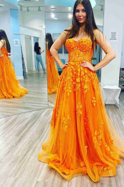 Strapless Sweetheart Neck Orange Tulle Lace Long Prom Dresses, Orange Lace Formal Evening Dresses SP2201