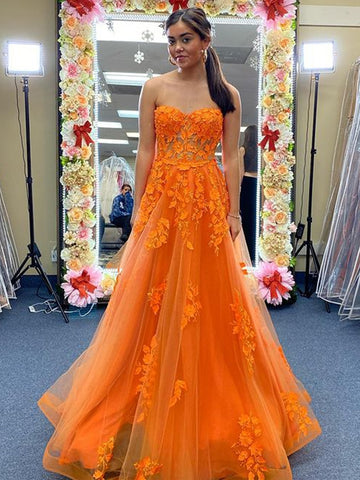 Strapless Sweetheart Neck Orange Tulle Lace Long Prom Dresses, Orange Lace Formal Evening Dresses SP2201