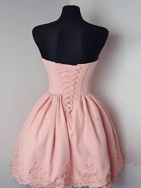 Strapless Sweetheart Neck Pink Lace Prom Dresses, Short Pink Homecoming Dresses, Pink Lace Formal Evening Dresses SP2474