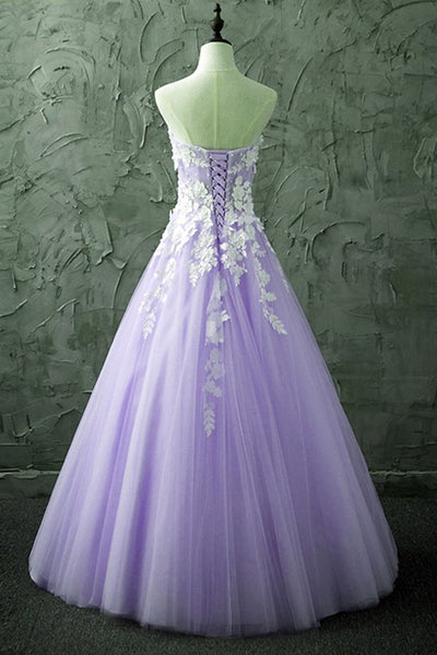 Strapless Sweetheart Neck Purple Lace Long Prom Dresses, Lilac Lace Formal Evening Dresses