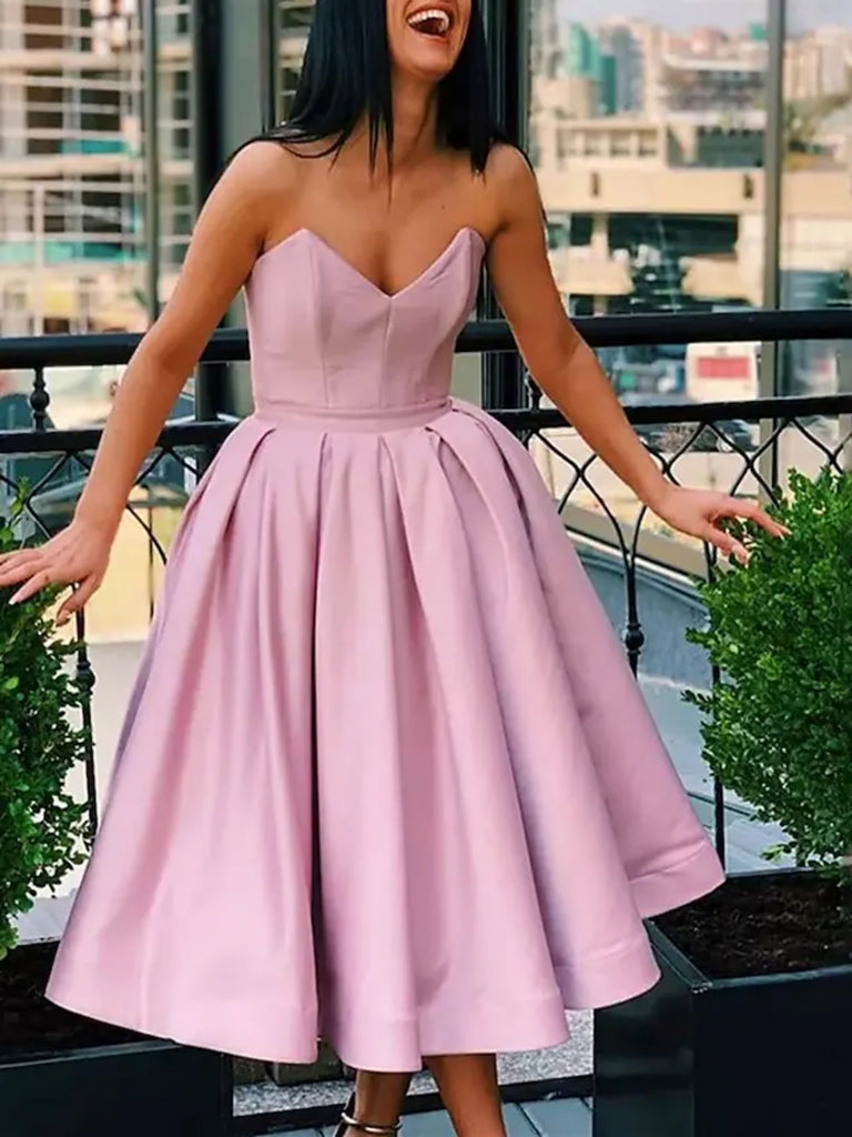 Strapless Tea Length Pink/Champagne Prom Homecoming Dresses, Pink/Cham Shiny Party Strapless Tea Length Pink/Champagne Prom Homecoming Dresses, Pink/Cham Shiny Party