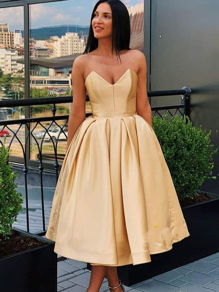Strapless Tea Length Pink/Champagne Prom Homecoming Dresses, Pink/Champagne Formal Graduation Evening Dresses SP2462