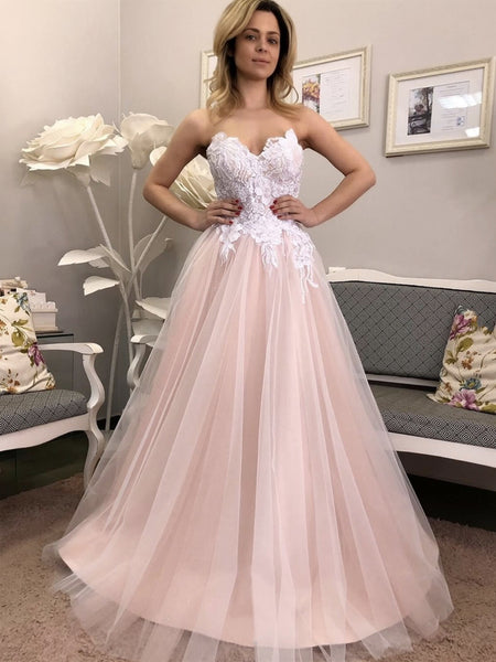 Strapless V Neck Pink Lace Floral Long Prom Dresses, Pink Lace Formal Dresses, Pink Evening Dresses