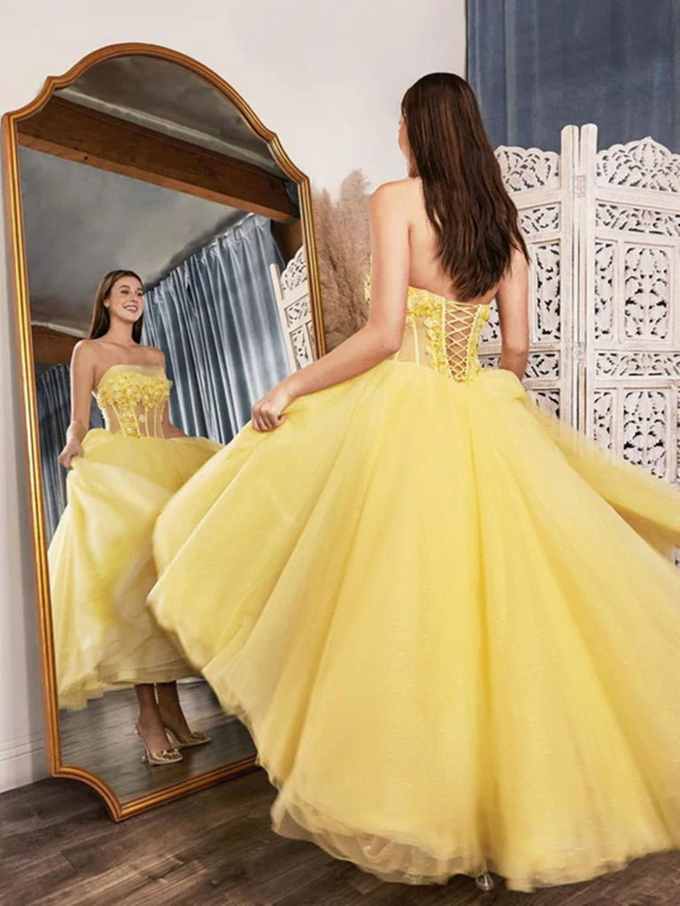 Strapless Yellow Lace Floral Tea Length Prom Dresses, Yellow Lace Form Shiny Party Strapless Yellow Lace Floral Tea Length Prom Dresses, Yellow Lace Form Shiny Party