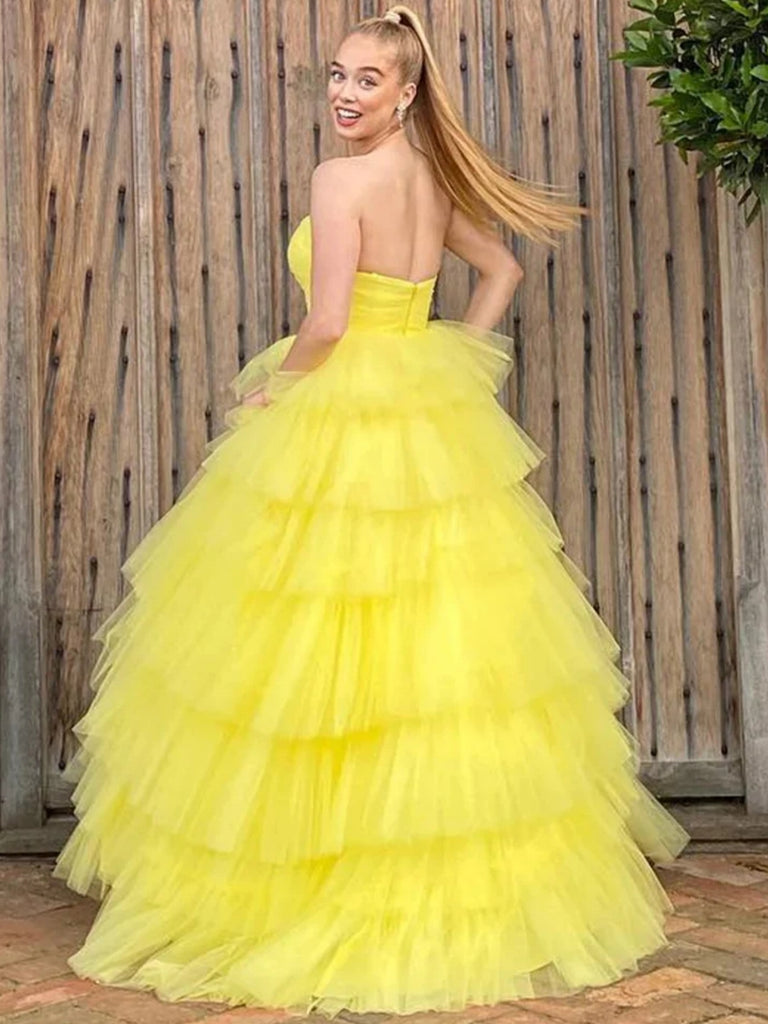 Strapless Yellow Tulle Layered Long Prom Dresses, Yellow Formal Evenin Shiny Party Strapless Yellow Tulle Layered Long Prom Dresses, Yellow Formal Evenin Shiny Party