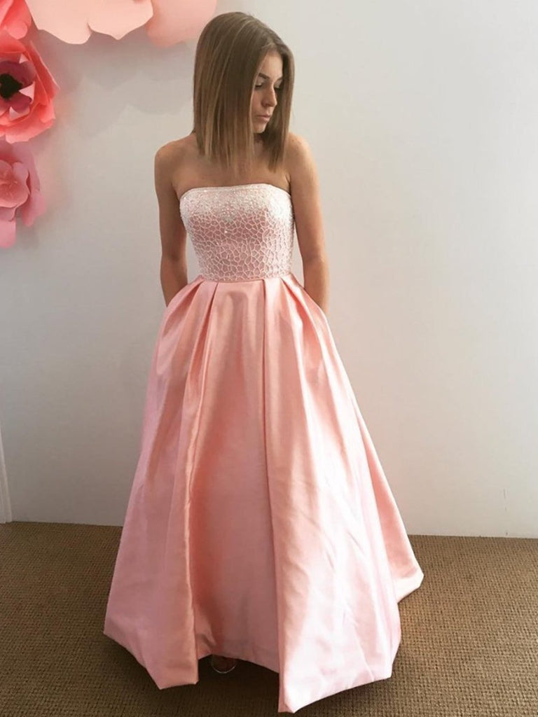 Strapless Lace Top Pink Satin Long Prom Dresses, Strapless Pink Lace Formal Dresses, Pink Lace Evening Dresses