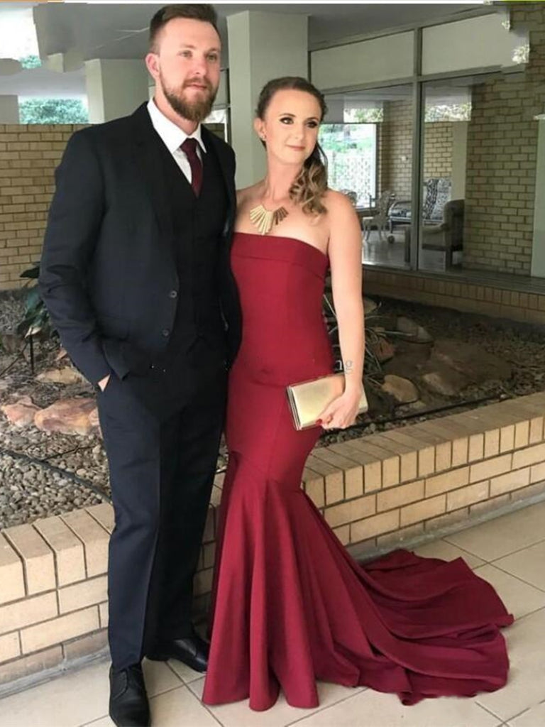 Strapless Mermaid Burgundy Prom Dresses with Sweep Train, Strapless Me Shiny Party Strapless Mermaid Burgundy Prom Dresses with Sweep Train, Strapless Me Shiny Party