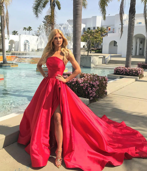 Strapless Side Slit Red Satin Long Prom Dresses with Train, Strapless Red Formal Dresses, Red Evening Dresses