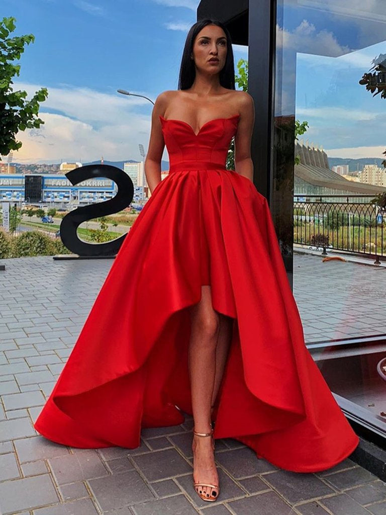 Strapless Sweetheart Neck High Low Red Long Prom Dresses, High Low Red Formal Dresses, Red Strapless Evening Dresses