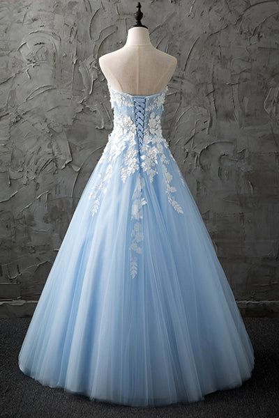 Strapless Sweetheart Neck White Lace Light Blue Prom Dresses, Strapless Open Back Light Blue Lace Formal Graduation Evening Dresses with Appliques