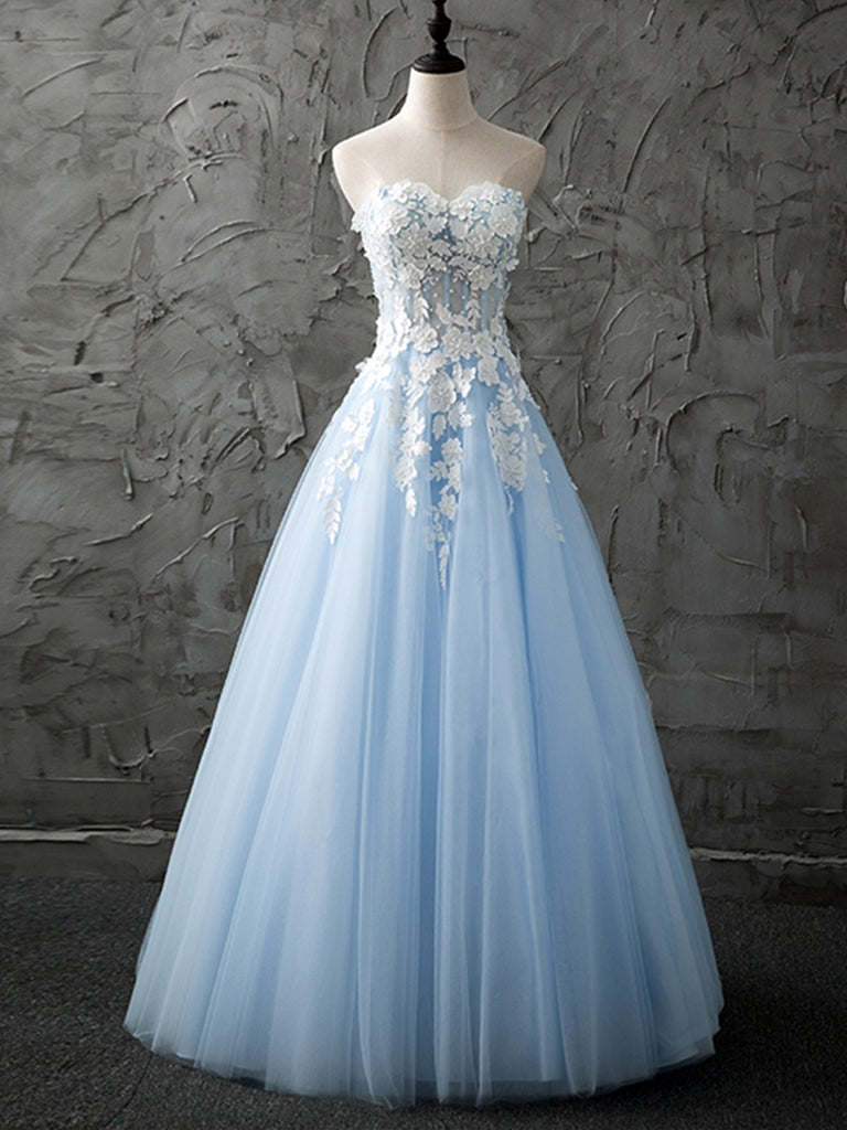 Strapless Sweetheart Neck White Lace Light Blue Prom Dresses, Straples Shiny Party Strapless Sweetheart Neck White Lace Light Blue Prom Dresses, Straples Shiny Party