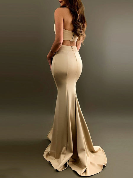 Strapless Two Pieces Champagne Prom Dresses with Slit, Two Pieces Champagne Formal Dresses, Champagne Evening Dresses