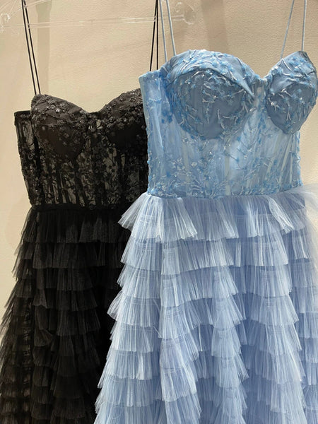 Stunning Strapless Ruffle Layered Blue/Black Lace Long Prom Dresses with High Slit, Blue/Black Lace Tulle Formal Evening Dresses SP2354
