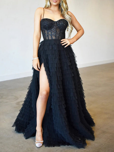Stunning Strapless Ruffle Layered Blue/Black Lace Long Prom Dresses with High Slit, Blue/Black Lace Tulle Formal Evening Dresses SP2354