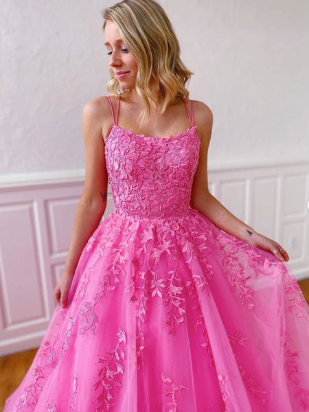 Stylish Backless Pink Lace Long Prom Dresses, Pink Lace Formal Graduation Evening Dresses
