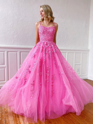 Stylish Backless Pink Lace Long Prom Dresses, Pink Lace Formal Graduation Evening Dresses