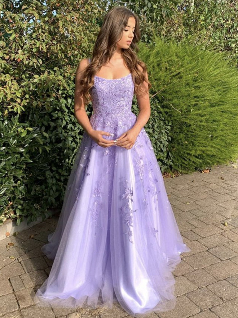 Stylish Purple Lace Long Prom Dresses, Purple Formal Evening Dresses