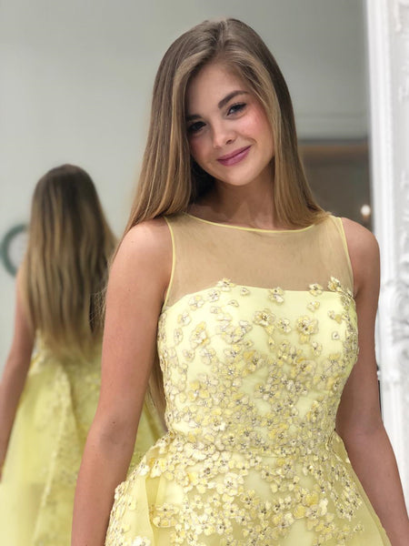 Stylish Round Neck Yellow Lace Floral Prom Dresses, Yellow Lace Formal Graduation Evening Dresses