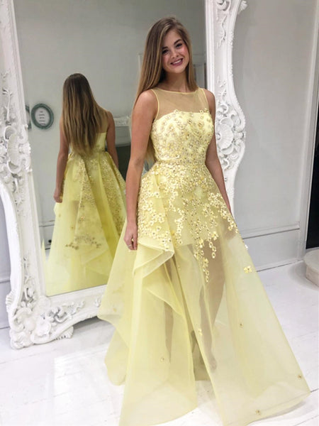 Stylish Round Neck Yellow Lace Floral Prom Dresses, Yellow Lace Formal Graduation Evening Dresses