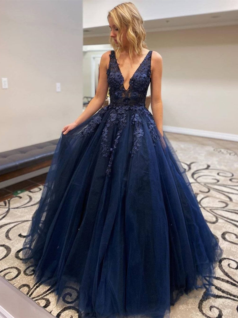 Stylish V Neck Beaded Navy Blue Lace Prom Dresses, Navy Blue Lace Form Shiny Party Stylish V Neck Beaded Navy Blue Lace Prom Dresses, Navy Blue Lace Form Shiny Party