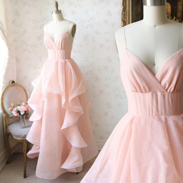Stylish V Neck Long Pink Prom Dresses, Fluffy Pink Formal Evening Dresses, Pink Ball Gown