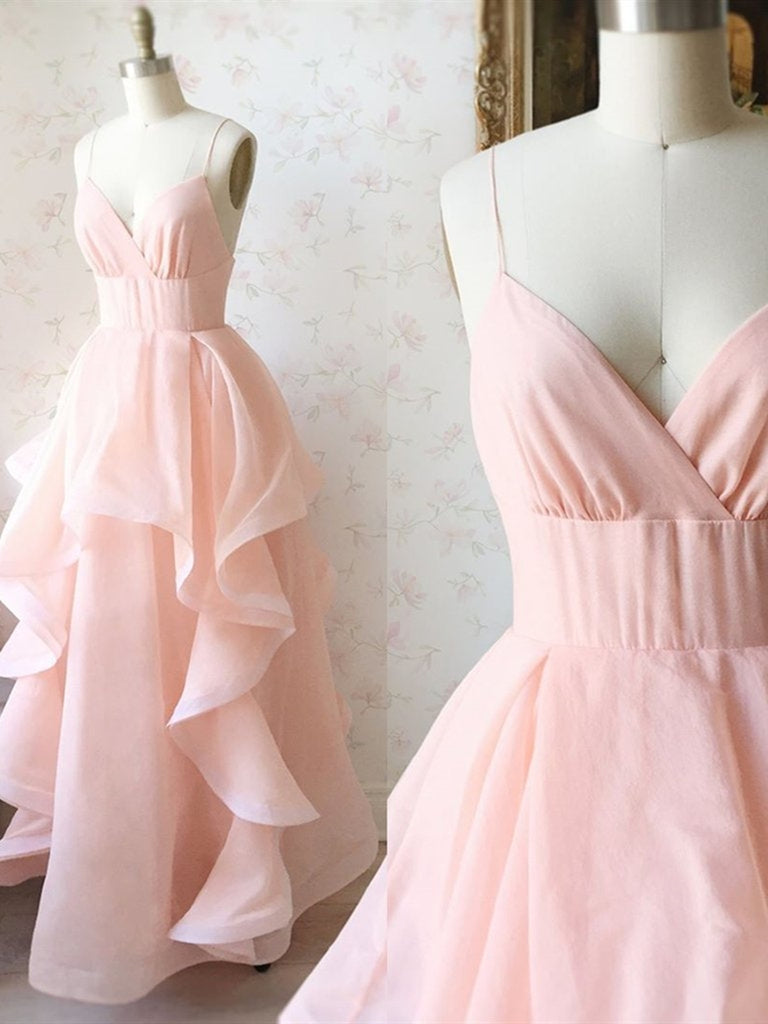 MACloth Straps V Neck A Line Lace Chiffon Pink Prom Dress Long Evening