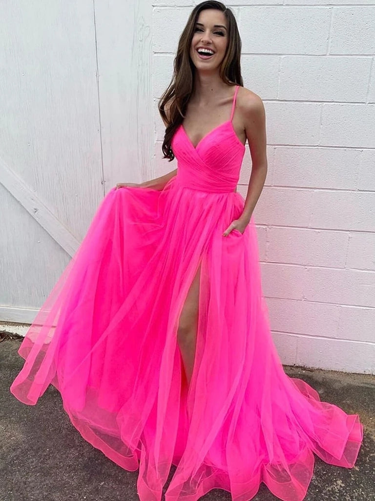 Stylish A Line V Neck Hot Pink Long Prom Dresses with High Slit, V Neck Hot Pink Formal Dresses, Hot Pink Evening Dresses