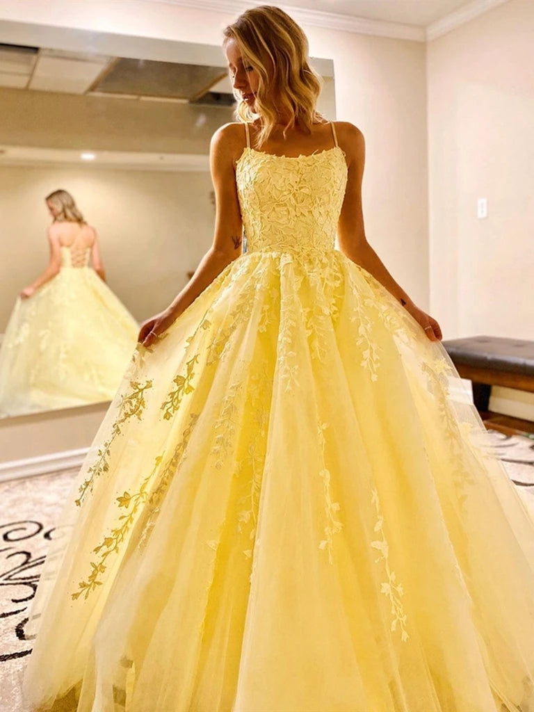 Yellow Tulle Long A-Line Evening Dress, Cute Spaghetti Strap Prom Dres