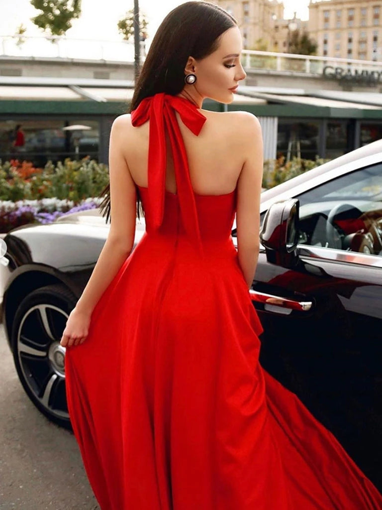 Stylish Halter Neck Red Long Prom Dresses, Elegant Halter Neck Red For Shiny Party Stylish Halter Neck Red Long Prom Dresses, Elegant Halter Neck Red For Shiny Party