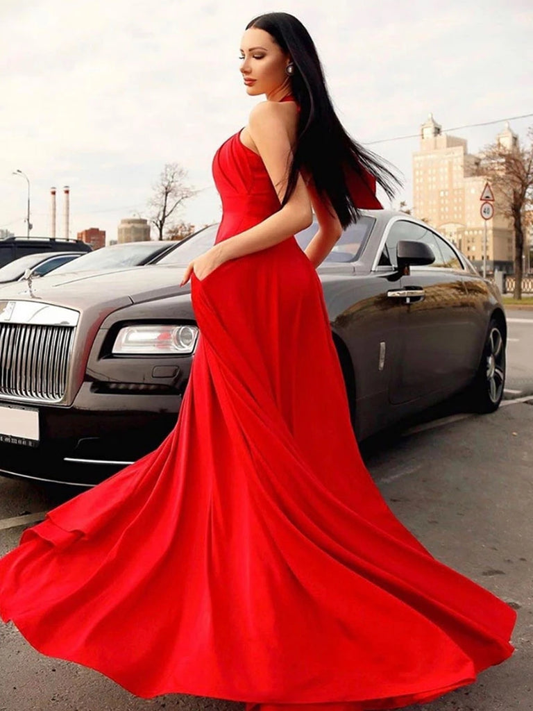 Stylish Halter Neck Red Long Prom Dresses, Elegant Halter Neck Red For Shiny Party Stylish Halter Neck Red Long Prom Dresses, Elegant Halter Neck Red For Shiny Party