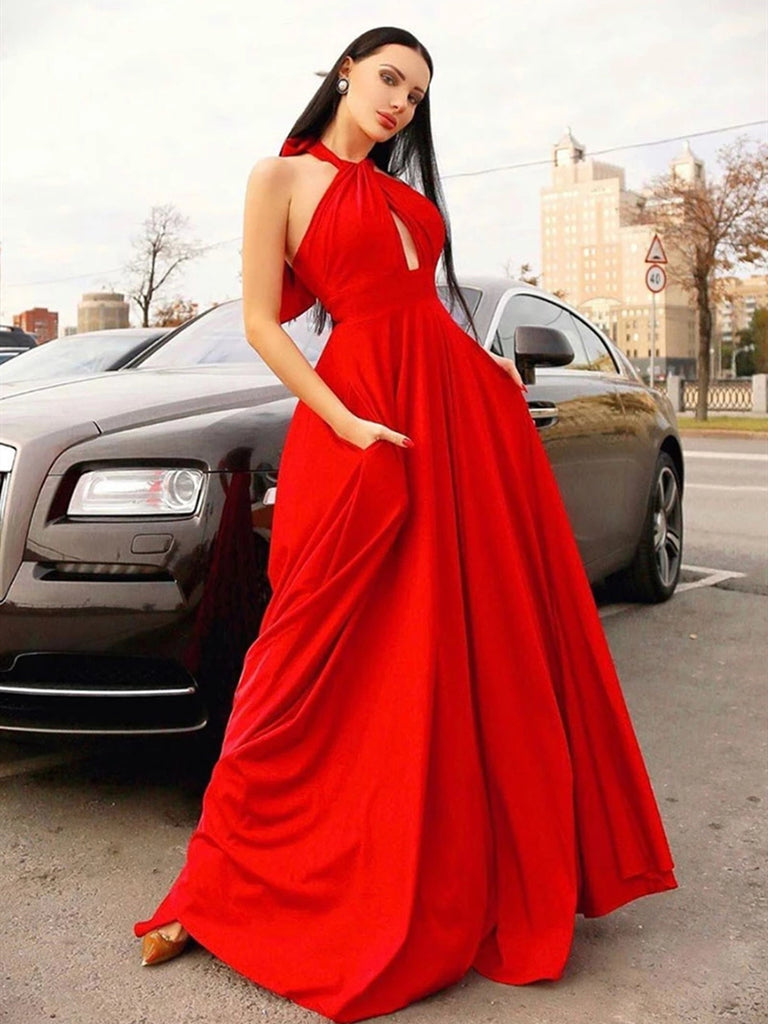 Stylish Halter Neck Red Long Prom Dresses, Elegant Halter Neck Red Formal Dresses, Red Evening Dresses