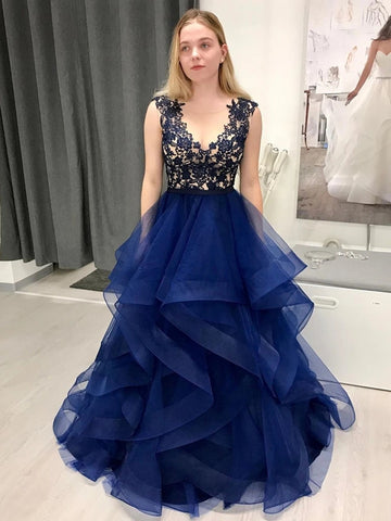 blue prom dress with black lace Dark Blue V Neck Satin Lace Long Prom Dress, Dark Blue Lace Long Evening Dress US 2 / Dark Blue