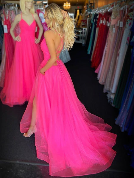 Stylish V Neck Backless Hot Pink Prom Dresses 2020, Leg Slit Open Back Hot Pink Formal Dresses, Backless Hot Pink Evening Dresses