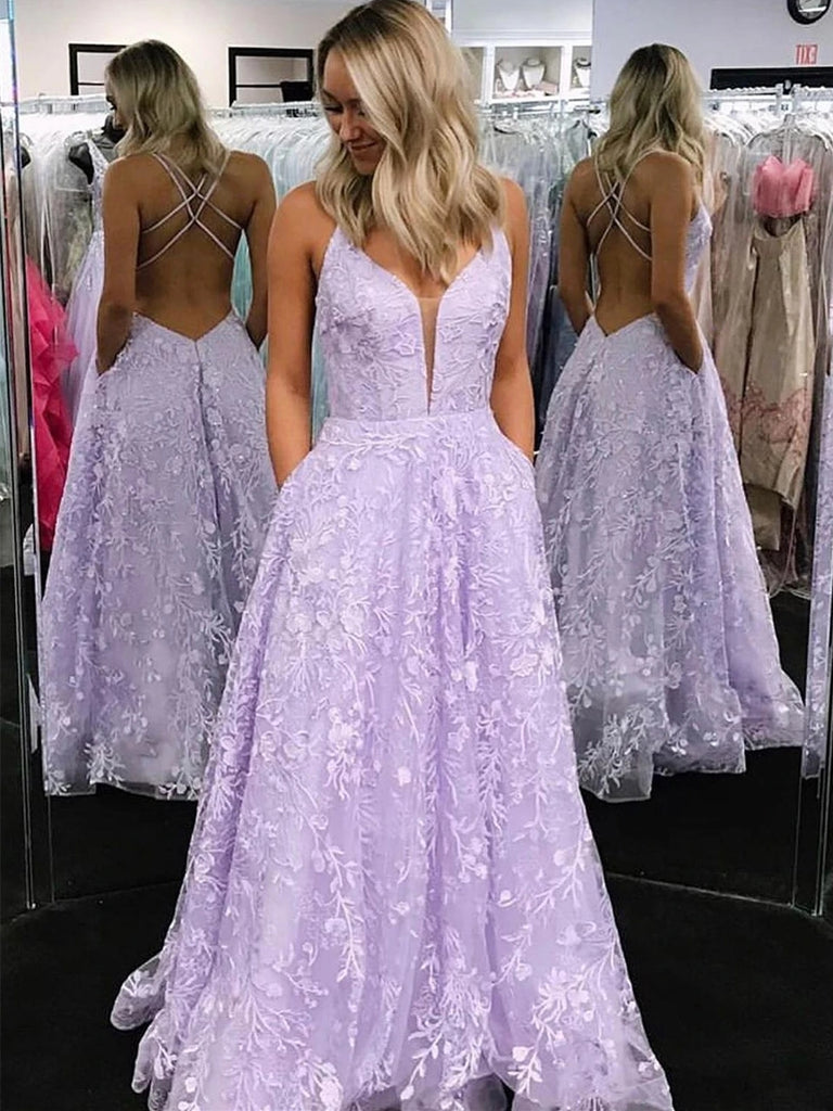 Stylish V Neck Backless Lilac Lace Appliques Prom Dresses 2020