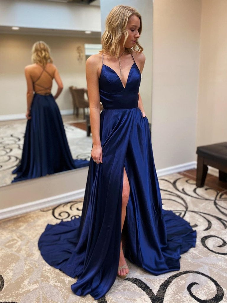 Stylish V Neck Backless Navy Blue Long Prom Dresses with Slit, Backless Navy Blue Formal Graduation Evening Dresses