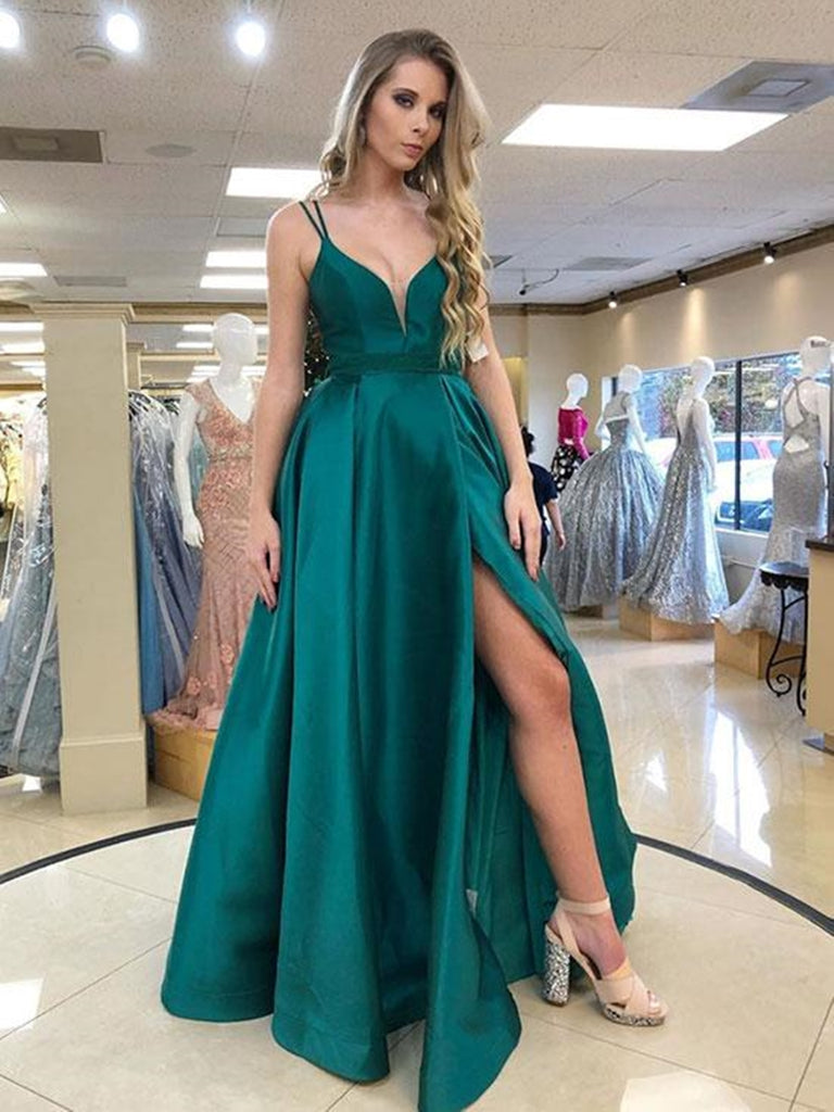 Stylish V Neck Green Long Prom Dresses with High Slit, V Neck Green Formal Graduation Evening Dresses