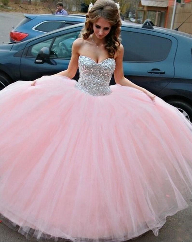 Pink Ball Gown Girls Sweet 16 , Tulle Rhinestone Long Prom Dress, Formal Dresses Pink Ball Gown Girls Sweet 16 , Tulle Rhinestone Long Prom Dress, Formal Dresses