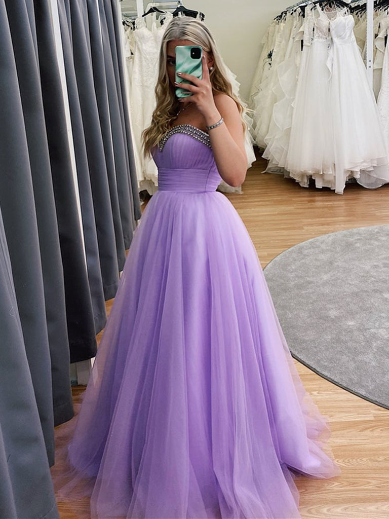 Sweetheart Neck Beaded Long Purple Prom Dresses, Lavender Formal Dresses, Lilace Evening Dresses