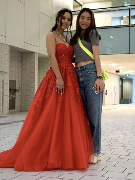 Sweetheart Neck Beaded Red Lace Long Prom Dresses, Strapless Red Formal Evening Dresses, Red Lace Ball Gown SP2065
