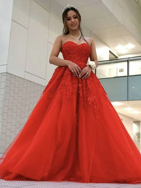Sweetheart Neck Beaded Red Lace Long Prom Dresses, Strapless Red Formal Evening Dresses, Red Lace Ball Gown SP2065