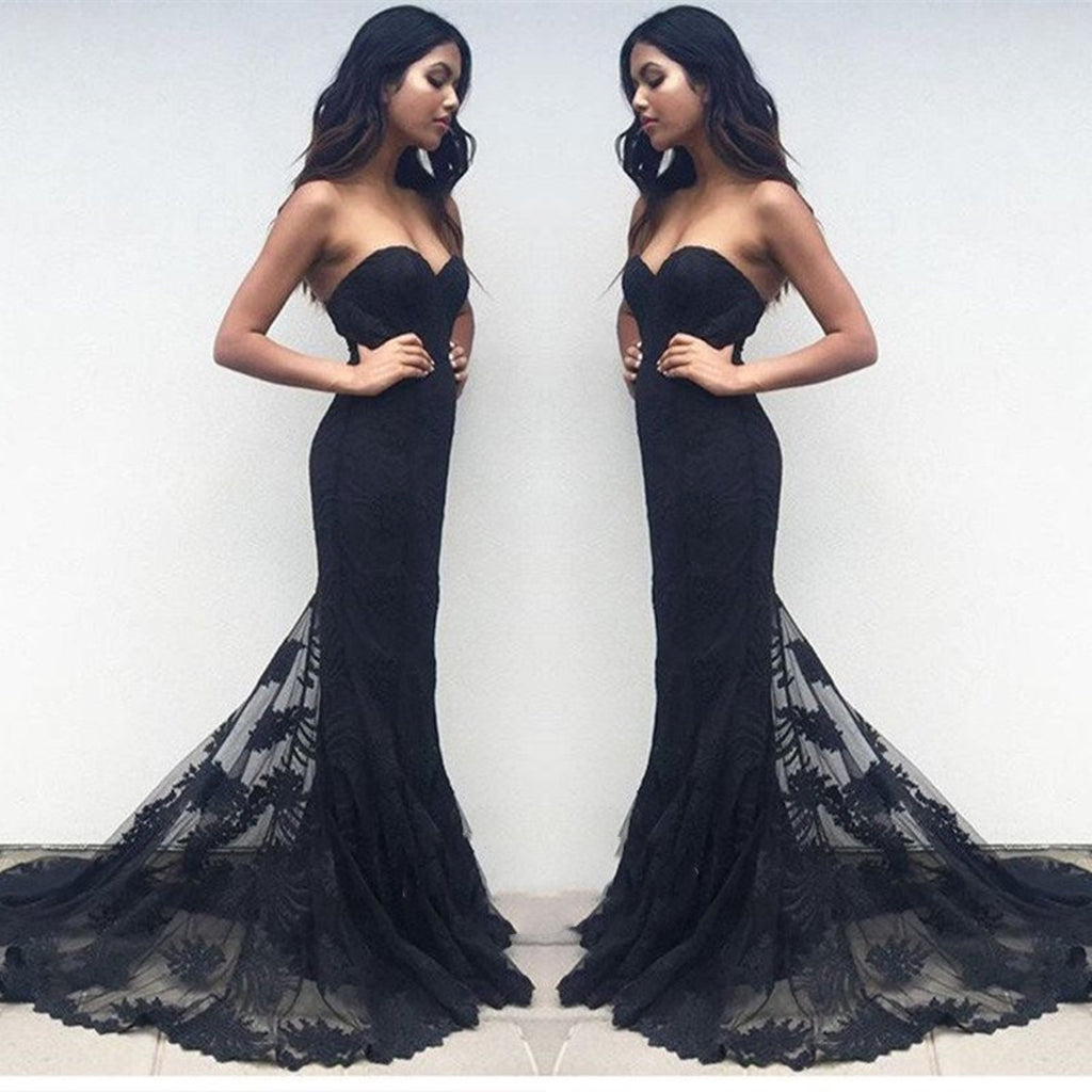 Sweetheart Neck Black Lace Prom Dresses, Black Lace Formal Dresses, Br Shiny Party Sweetheart Neck Black Lace Prom Dresses, Black Lace Formal Dresses, Br Shiny Party