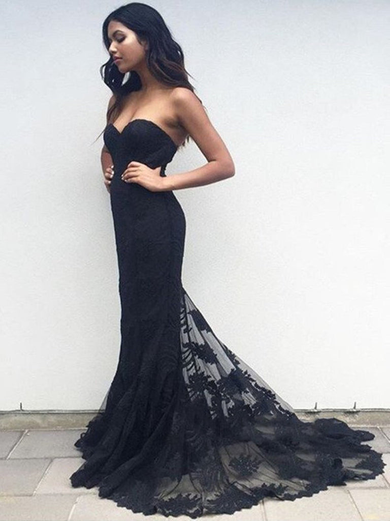 Sweetheart Neck Black Lace Prom Dresses, Black Lace Formal Dresses, Br