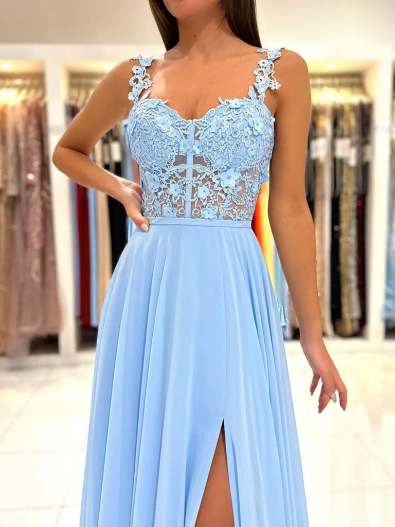 Sweetheart Neck Blue Lace Floral Long Prom Dresses with High Slit, Blu Shiny Party Sweetheart Neck Blue Lace Floral Long Prom Dresses with High Slit, Blu Shiny Party