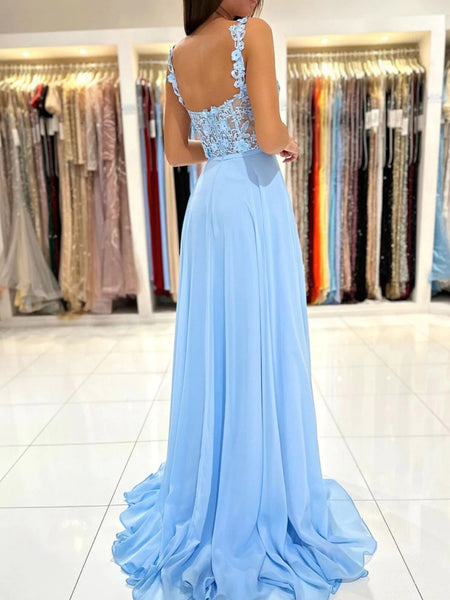Sweetheart Neck Blue Lace Floral Long Prom Dresses with High Slit, Blue Lace Formal Graduation Evening Dresses SP2539
