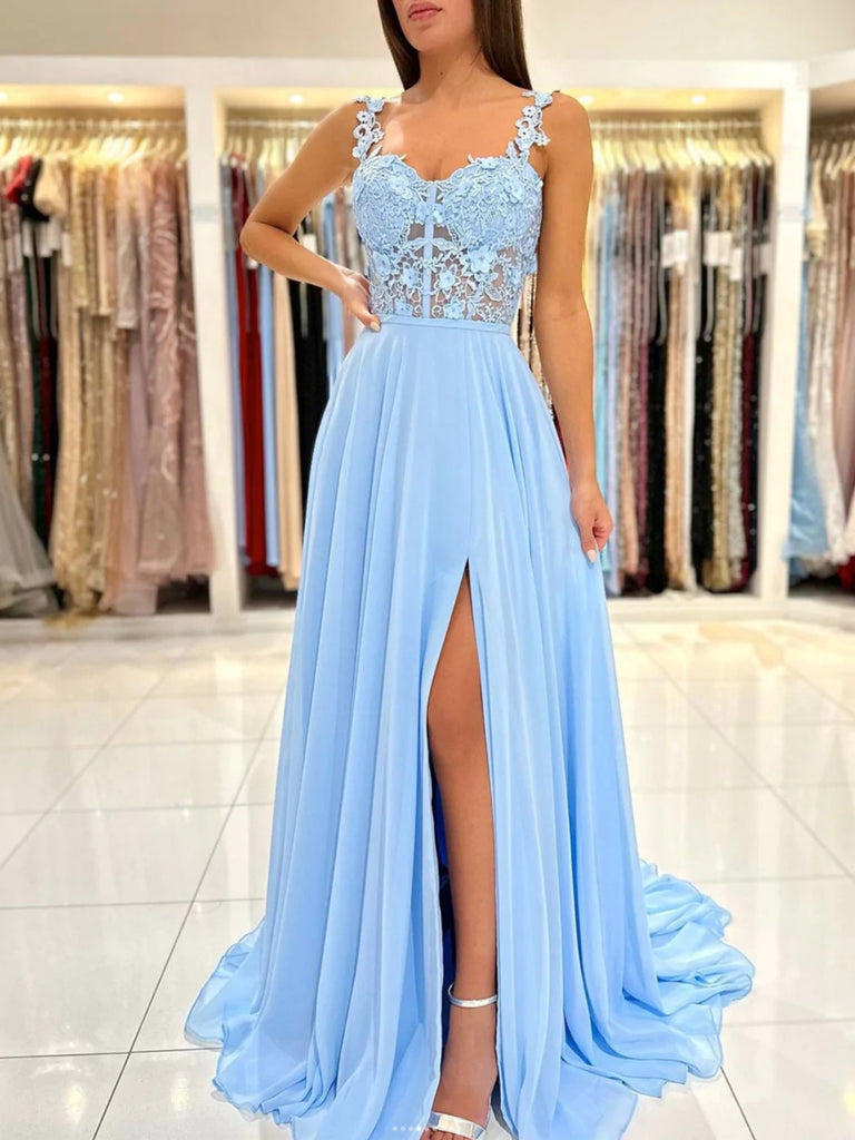 Sweetheart Neck Blue Lace Floral Long Prom Dresses with High Slit, Blu Shiny Party Sweetheart Neck Blue Lace Floral Long Prom Dresses with High Slit, Blu Shiny Party