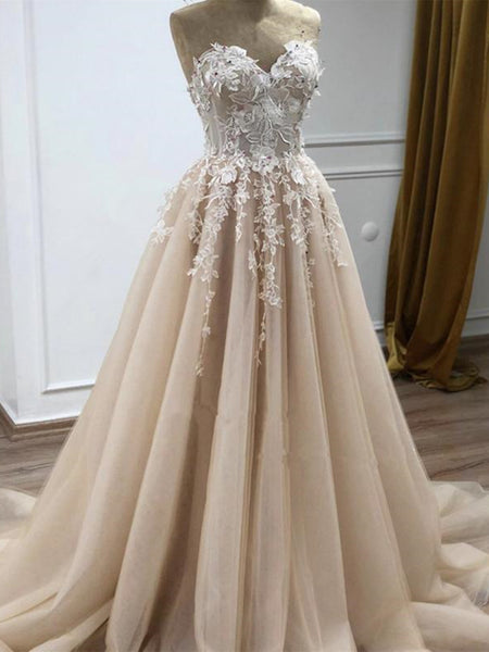 Sweetheart Neck Champagne Lace Floral Long Prom Dresses, Strapless Champagne Lace Formal Evening Dresses SP2176
