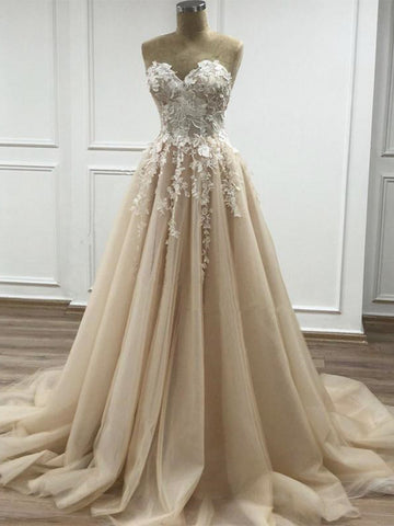 Sweetheart Neck Champagne Lace Floral Long Prom Dresses, Strapless Champagne Lace Formal Evening Dresses SP2176