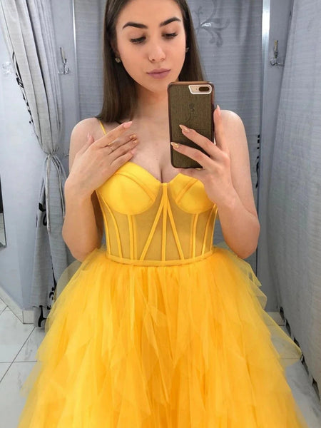 Sweetheart Neck Fluffy Yellow Tulle Long Prom Dresses, Yellow Formal Evening Dresses, Ball Gown SP2663