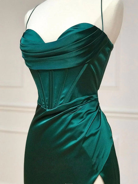 Sweetheart Neck Green Satin Long Prom Dresses with High Slit, Long Green Formal Graduation Evening Dresses SP2607